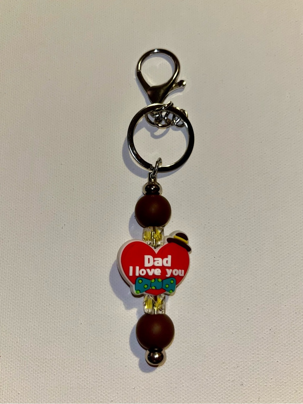 ‘Dad I Love You’ Red Heart w/Bowler Hat & Green Polka Dot Tie Charm Keychain